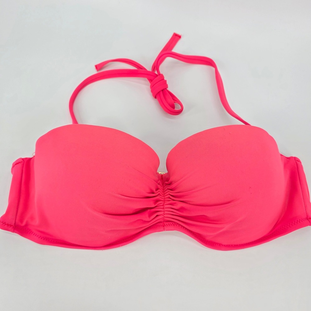 Victoria's Secret The Flirt Bandeau Swim Halter Top Pink Ruched Underwire 36C